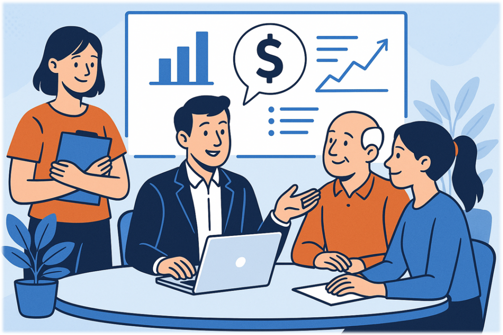 Accounting consultation with a business owner: discussing bookkeeping, tax planning, and financial reporting solutions.