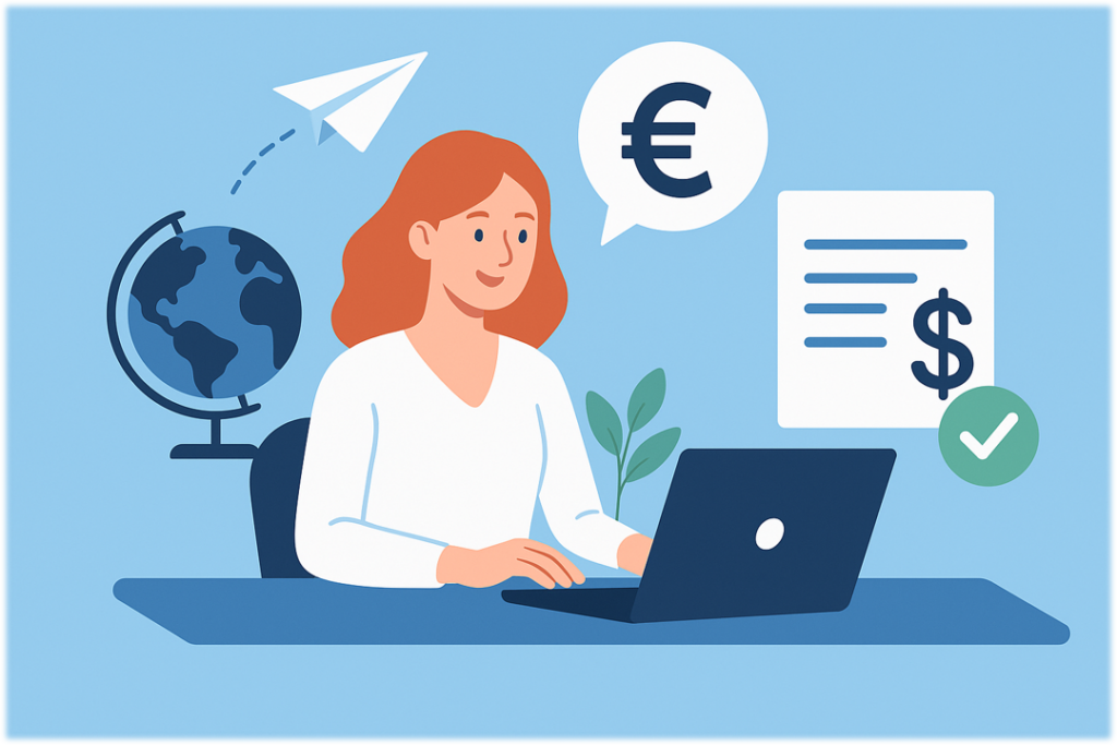 Freelancer working online from abroad, receiving salary in euros for digital services, shown with laptop, coffee, and symbols