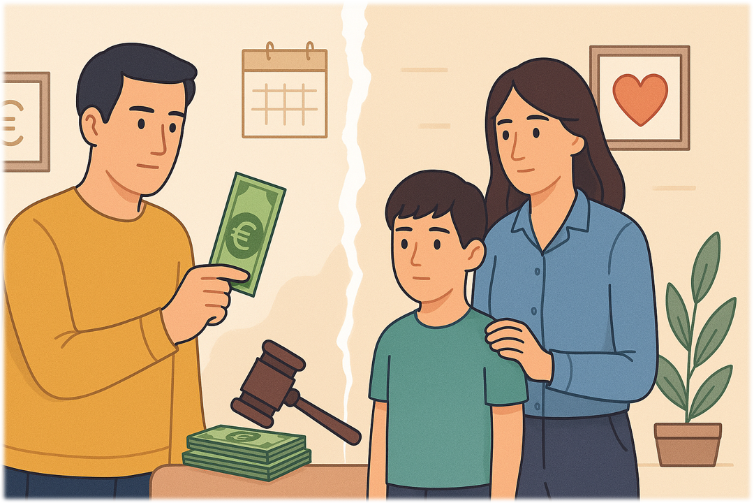 Illustration of the child support payment process: a father holding euro banknotes, a mother with a child, and scales of justice with a judge’s gavel in the background, symbolizing financial responsibility and balance.