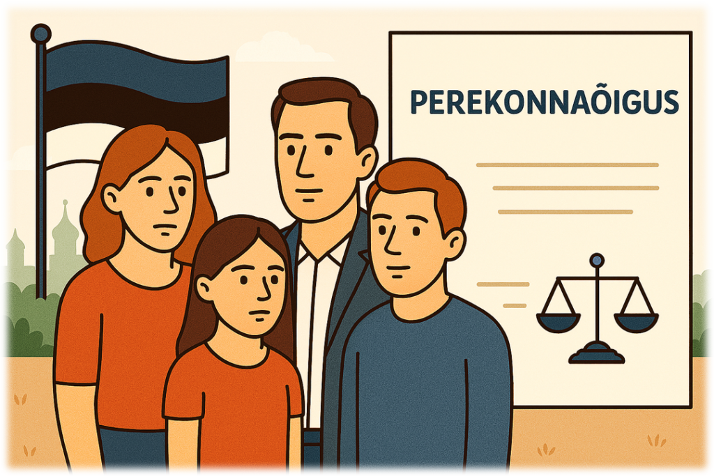 Illustratsioon, mis kujutab perekonnaõiguse teenuseid Eestis: lahutus, vara jagamine, laste hooldusõigus, elatisraha ja perekonnaõiguste kaitse.