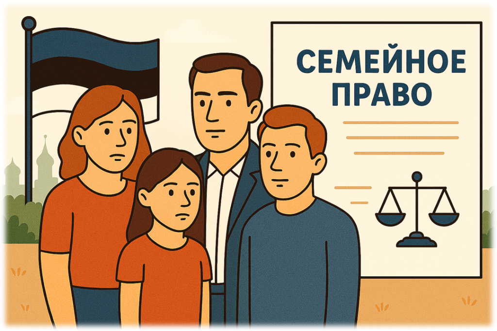 Иллюстрация, отражающая спектр услуг в сфере семейного права в Эстонии: развод, раздел имущества, опека над детьми, алименты и защита прав семьи.