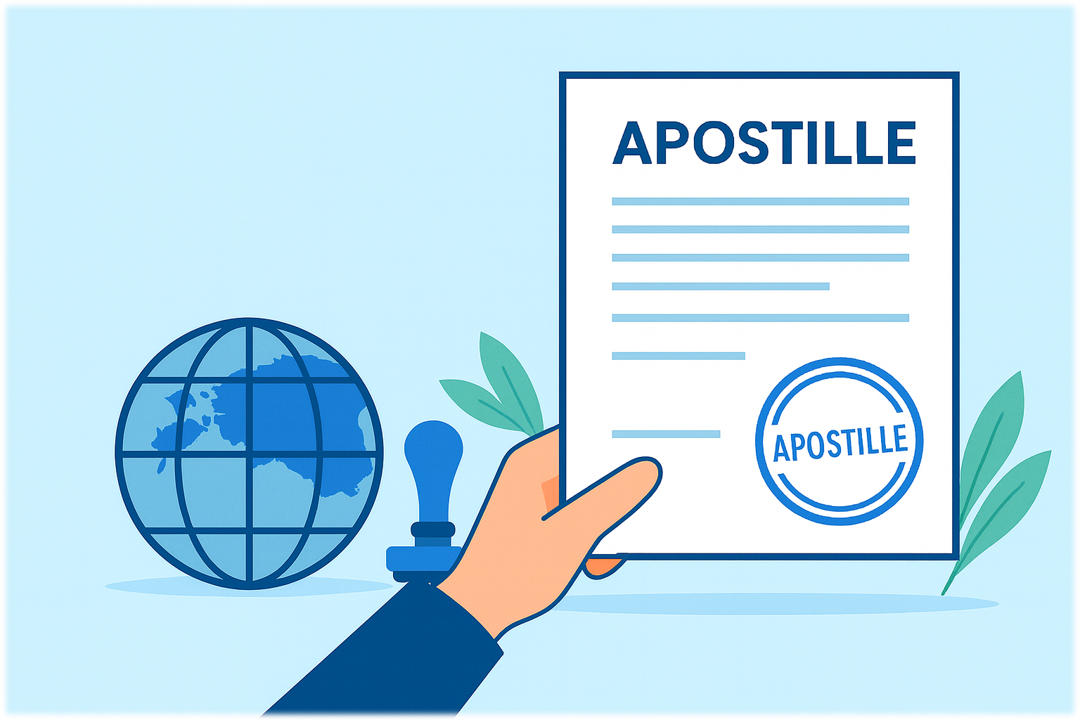 Apostille on an official document with a seal and signature on a blue background.