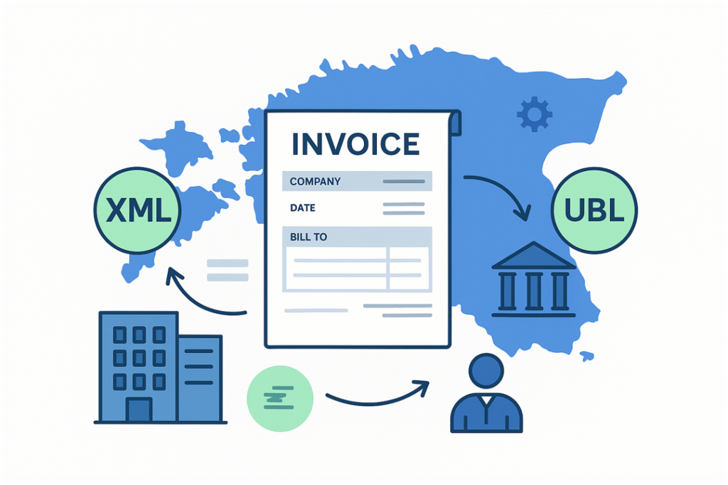 Illustration of electronic invoicing (e-arve) in Estonia: XML and UBL formats connecting businesses and the government