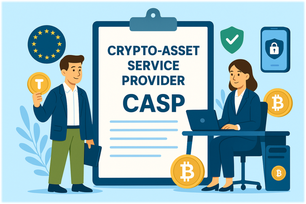 Концепция Crypto-Asset Service Provider с людьми, биткоином, графиками, кошельком и безопасными операциями по регламенту MiCA