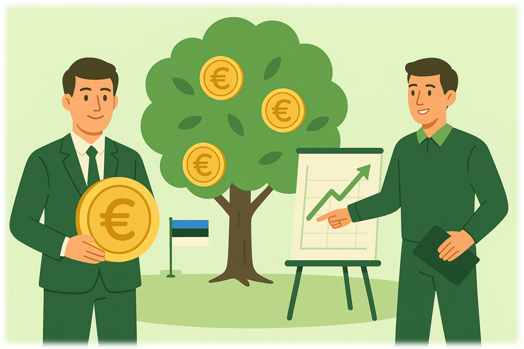 Doi oameni de afaceri lângă un copac de bani și steagul Estoniei, simbolizând impozitul de 0% pentru profituri nerepartizate și politica favorabilă reinvestirii în afaceri din Estonia.