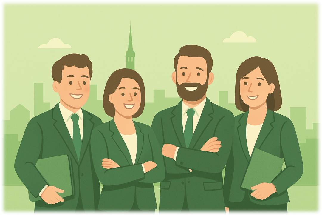 Un grup de profesioniști în costume zâmbind pe fundalul panoramei orașului Tallinn, reprezentând ecosistemul fiabil de sprijin juridic, contabil și de afaceri din Estonia.