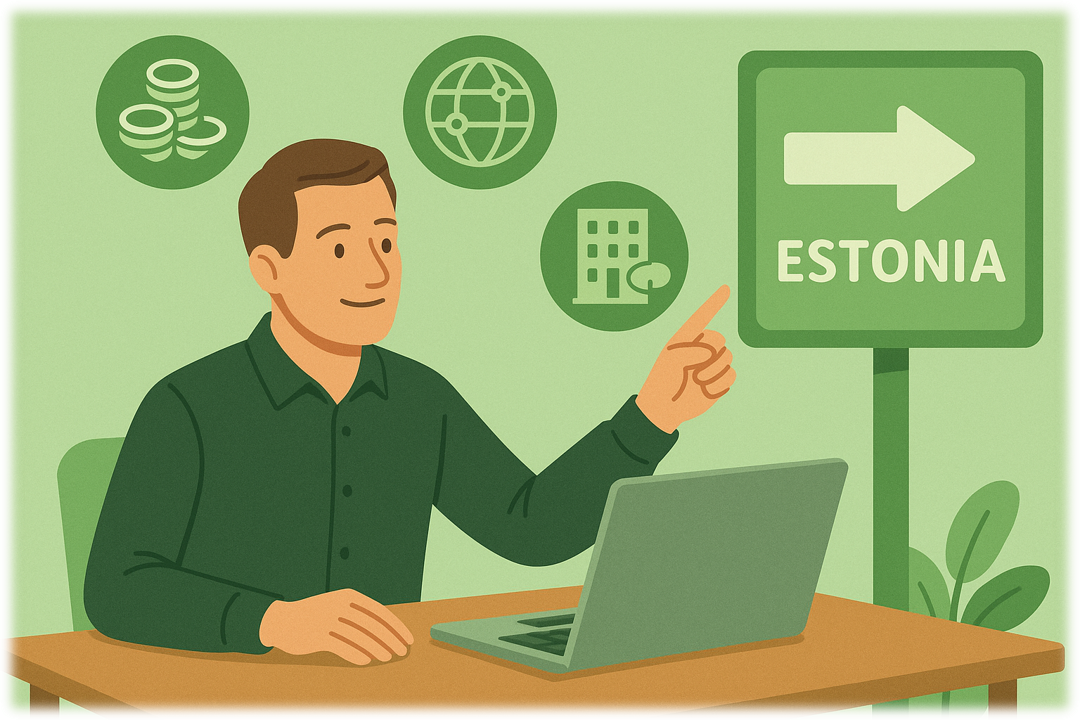 Un bărbat lucrează la laptop și indică un semn cu inscripția „Estonia”, ilustrând ușurința de a înființa o companie la distanță prin e-Rezidență.