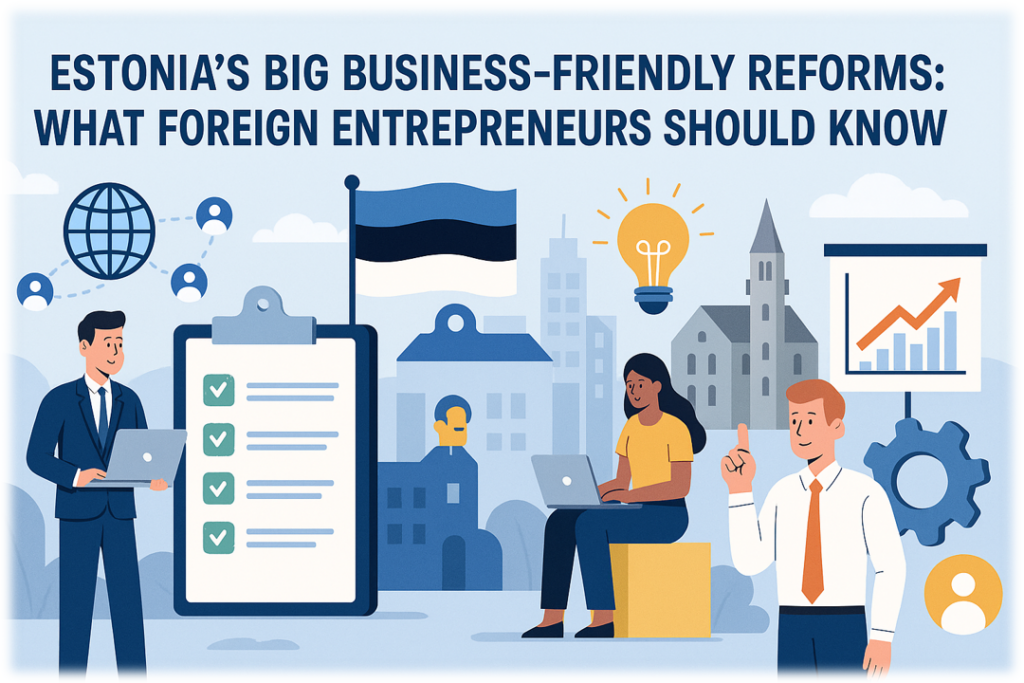 Illustration of a foreign entrepreneur working on a laptop with Estonian flag and icons representing reforms – text reads “Estonia’s Big Business-Friendly Reforms: What Foreign Entrepreneurs Should Know”