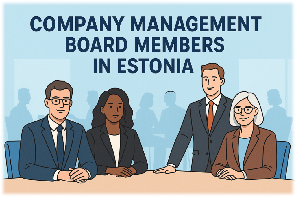 Illustration of company management board members in Estonia, featuring diverse professionals in suits seated or standing in a meeting setting with a light blue background