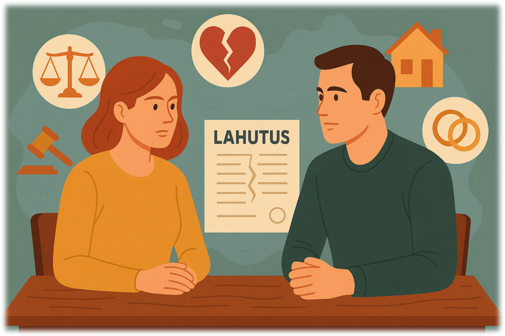 Illustratsioon, mis kujutab lahutust ja juriidilisi teenuseid perekonnaõiguse valdkonnas