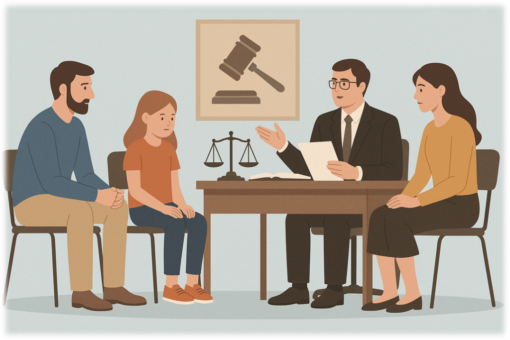 Illustratsioon kohtumenetlusest lapse elukoha ja suhtluskorra määramiseks, kus osalevad vanemad, laps, kohtunik ja jurist.