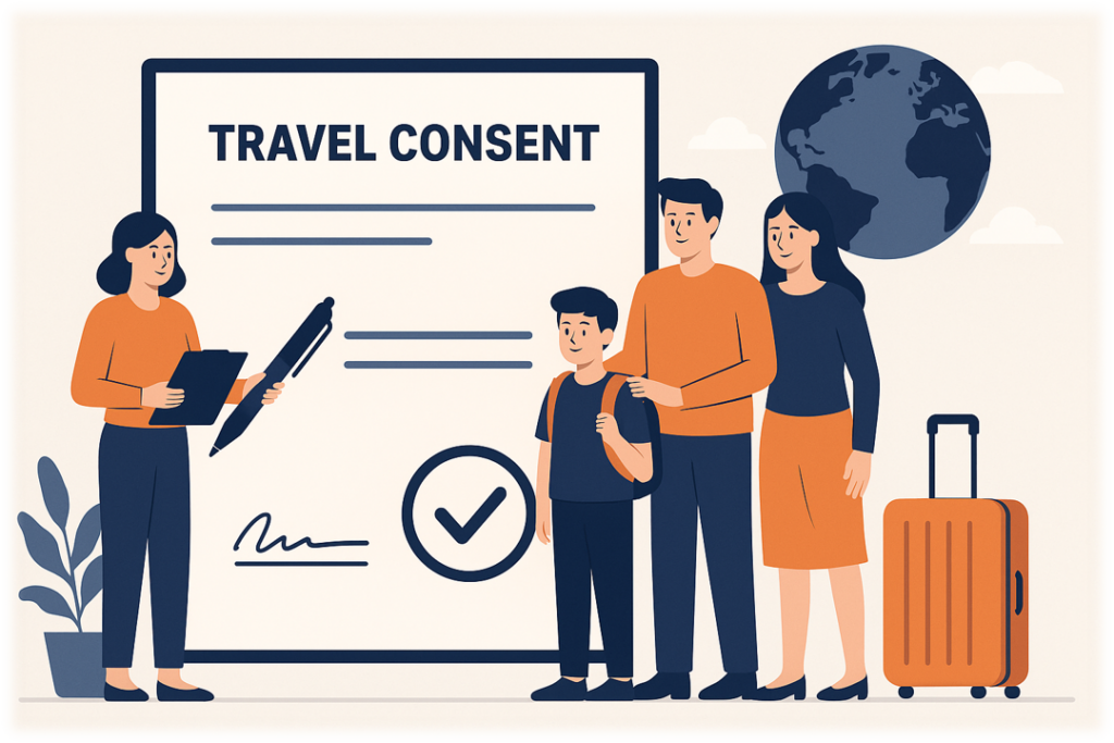 Modern illustration of parents preparing a travel consent form for their child’s trip abroad, with symbolic elements like a globe and luggage
