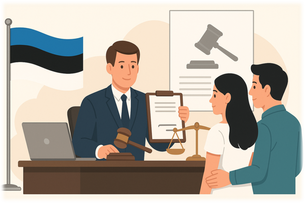 Illustration showing a legal consultation in Estonia about obtaining court permission to marry a foreign national who cannot present a certificate of no impediment.