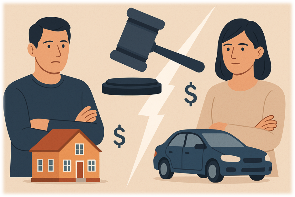Illustration of divorcing spouses dividing jointly acquired property, including a house, car, and financial assets