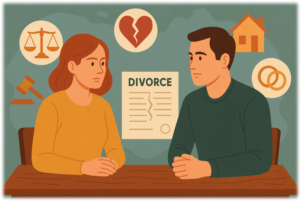Illustration representing divorce and legal services for couples ending their marriage