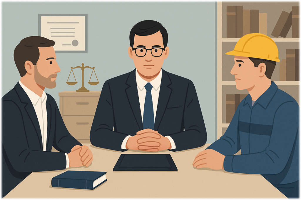 Illustratsioon juristi, tööandja ja töötaja neutraalsest kohtumisest professionaalses keskkonnas, sümboliseerides õigusabi töövaidlustes, töötasu sissenõudmisel, ebaseadusliku vallandamise korral ja tööõiguse küsimustes Eestis.