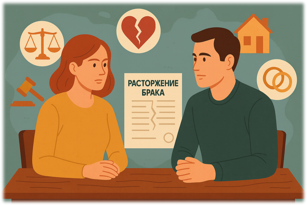 Иллюстрация, символизирующая развод и юридическую помощь в семейных делах