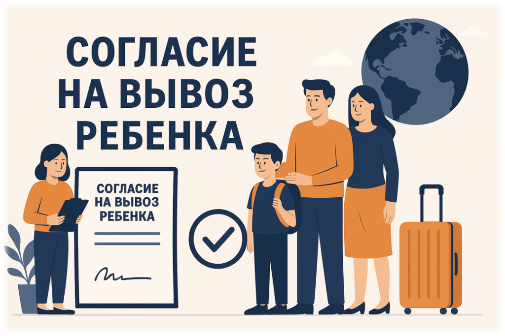 Современная иллюстрация: родители оформляют согласие на выезд ребёнка за границу, рядом глобус и дорожный чемодан