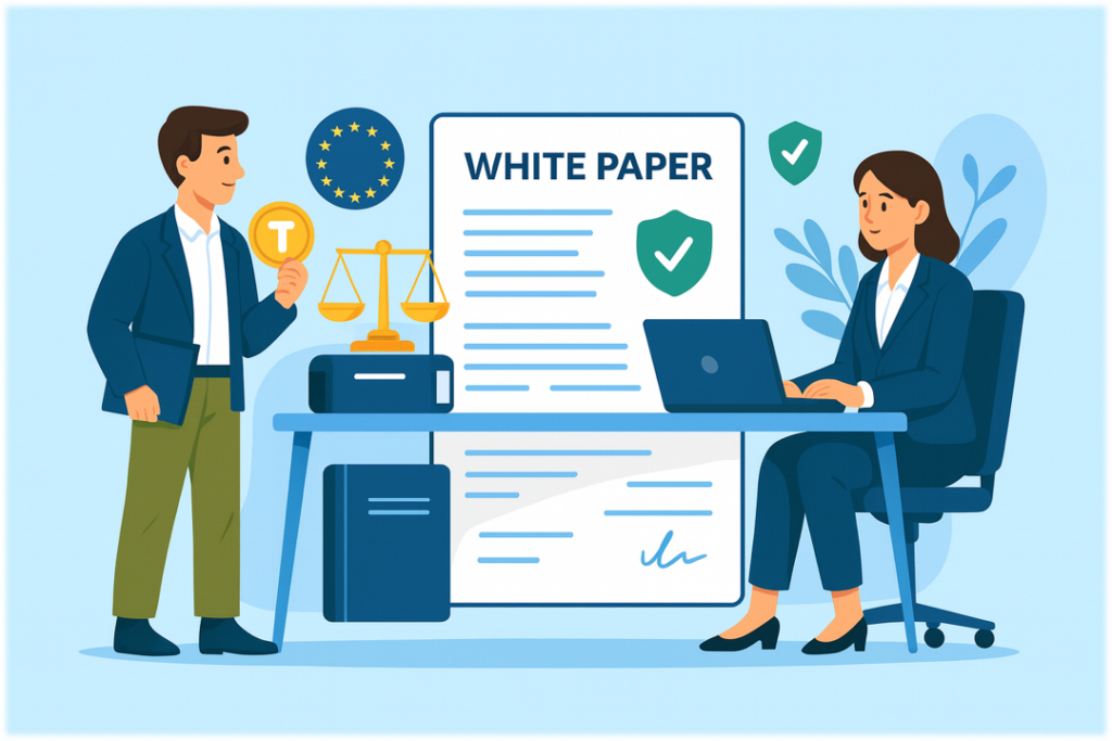 MiCA compliance concept showing token issuance process, White Paper preparation, and legal steps for EU market launch.