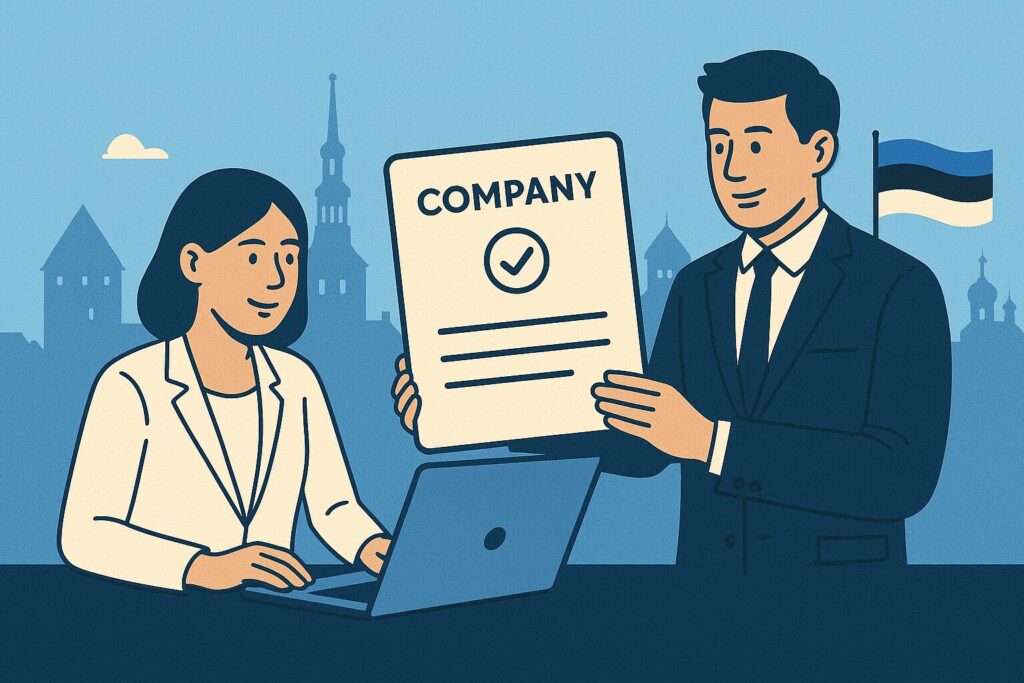Illustration of business registration process in Estonia, showing founders completing company setup with official documents