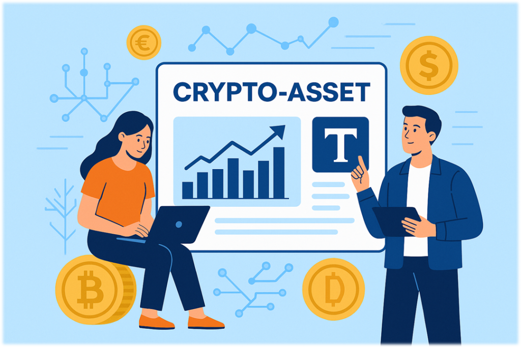 Illustration showing people with Bitcoin, blockchain elements, and a “T” coin, symbolizing MiCA crypto-assets concept