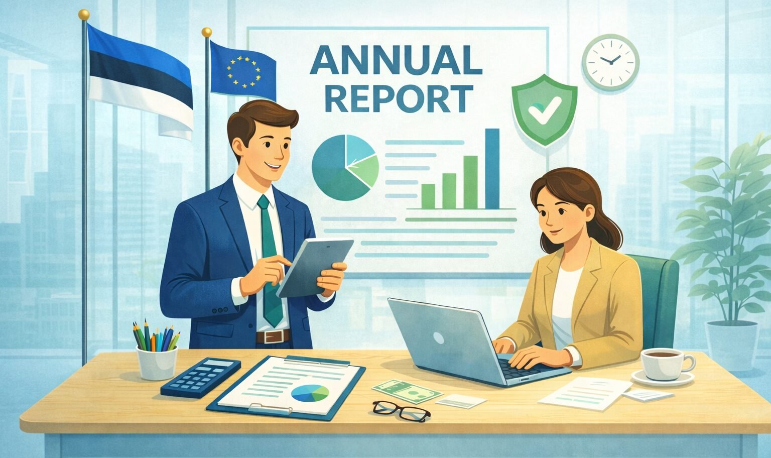 Business professionals preparing an annual report for an Estonian company, reviewing financial charts and documents in a modern office