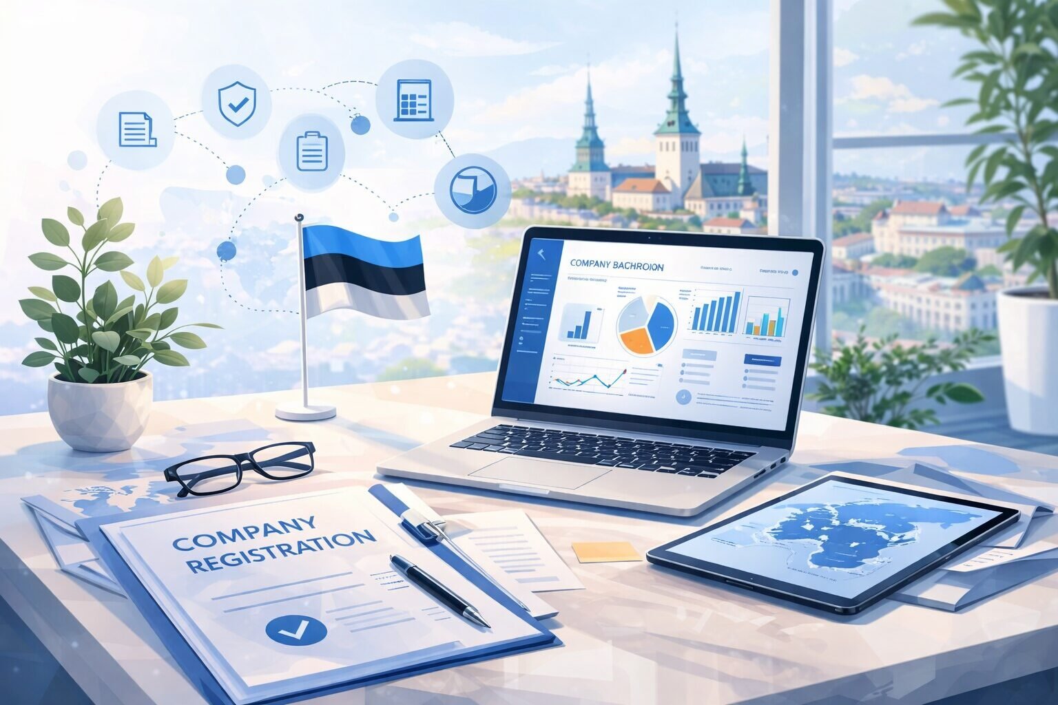 10 aastat kogemust ettevõtte asutamises ja äriteenustes Eestis koos ELi ärikeskkonna ja Tallinna siluetiga