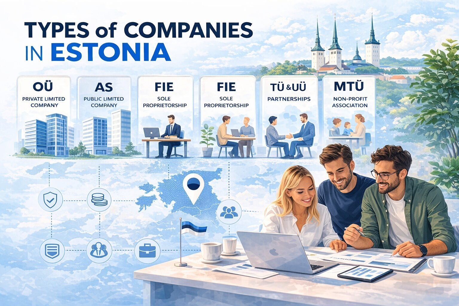 Illustration of company types in Estonia including OÜ, AS, FIE and other legal entities in a modern business environment
