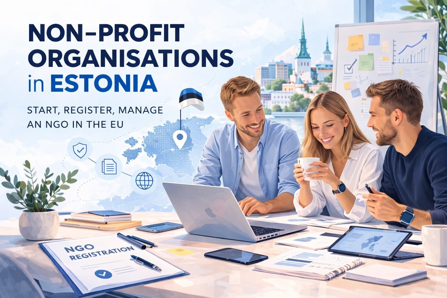 Иллюстрация волонтёров, работающих над общественным проектом, символизирующая НКО и некоммерческие объединения в Эстонии