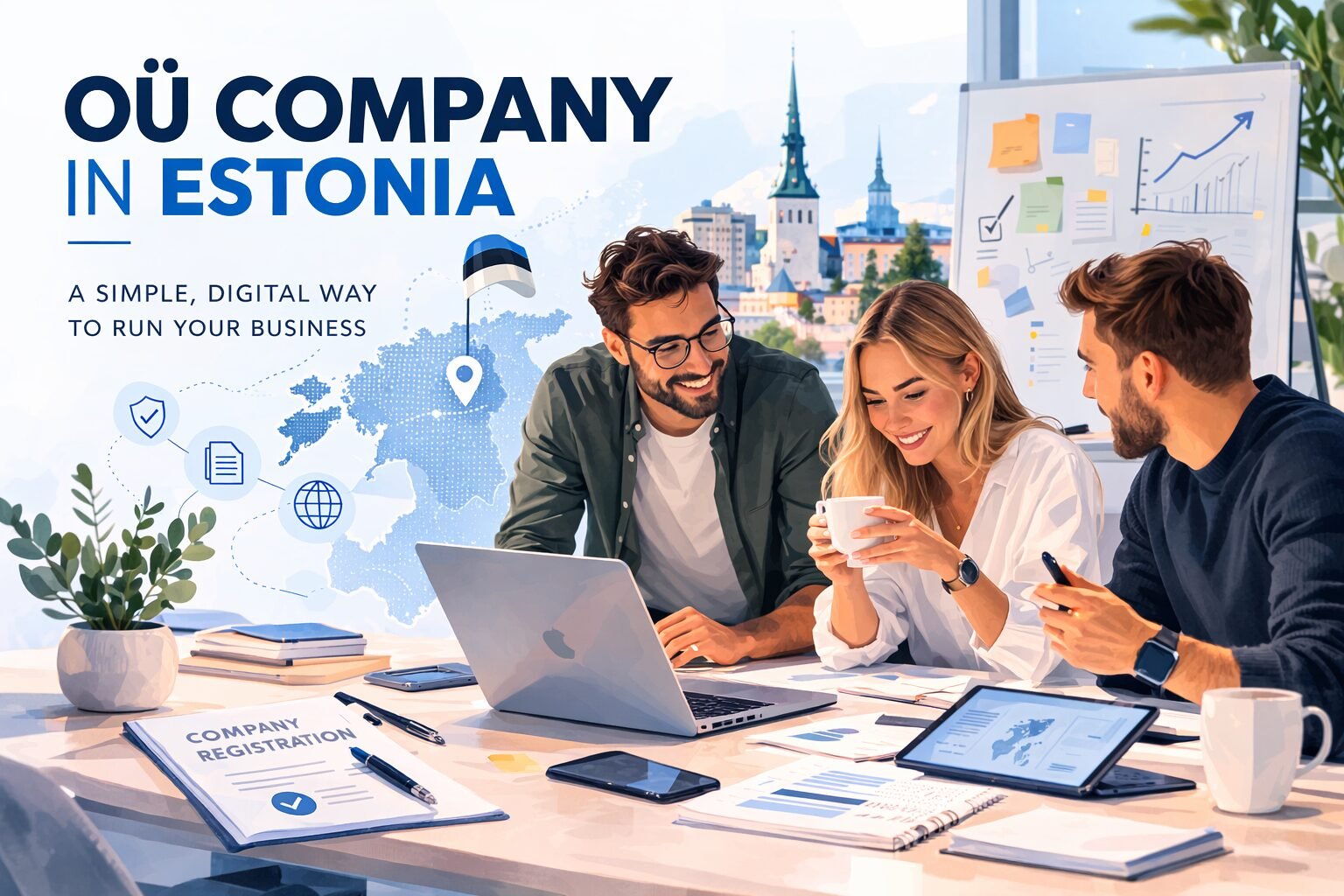 Business professionals discussing the structure of an OÜ company in Estonia, the Estonian private limited company form