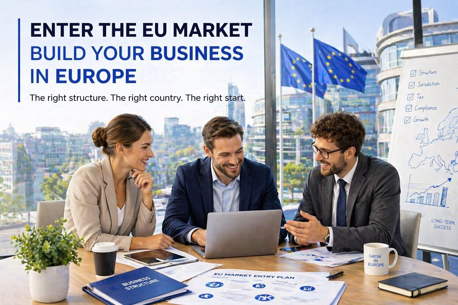 Бизнес-профессионалы обсуждают стратегию выхода на рынок ЕС в современном европейском офисе