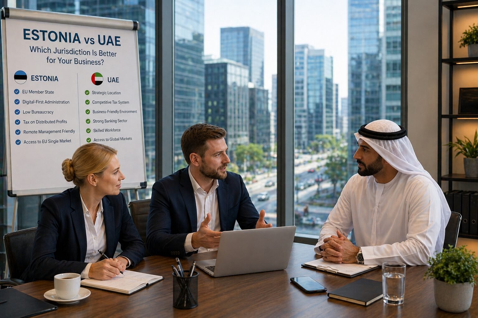 Digital entrepreneurs comparing Estonia and UAE as jurisdictions for online business