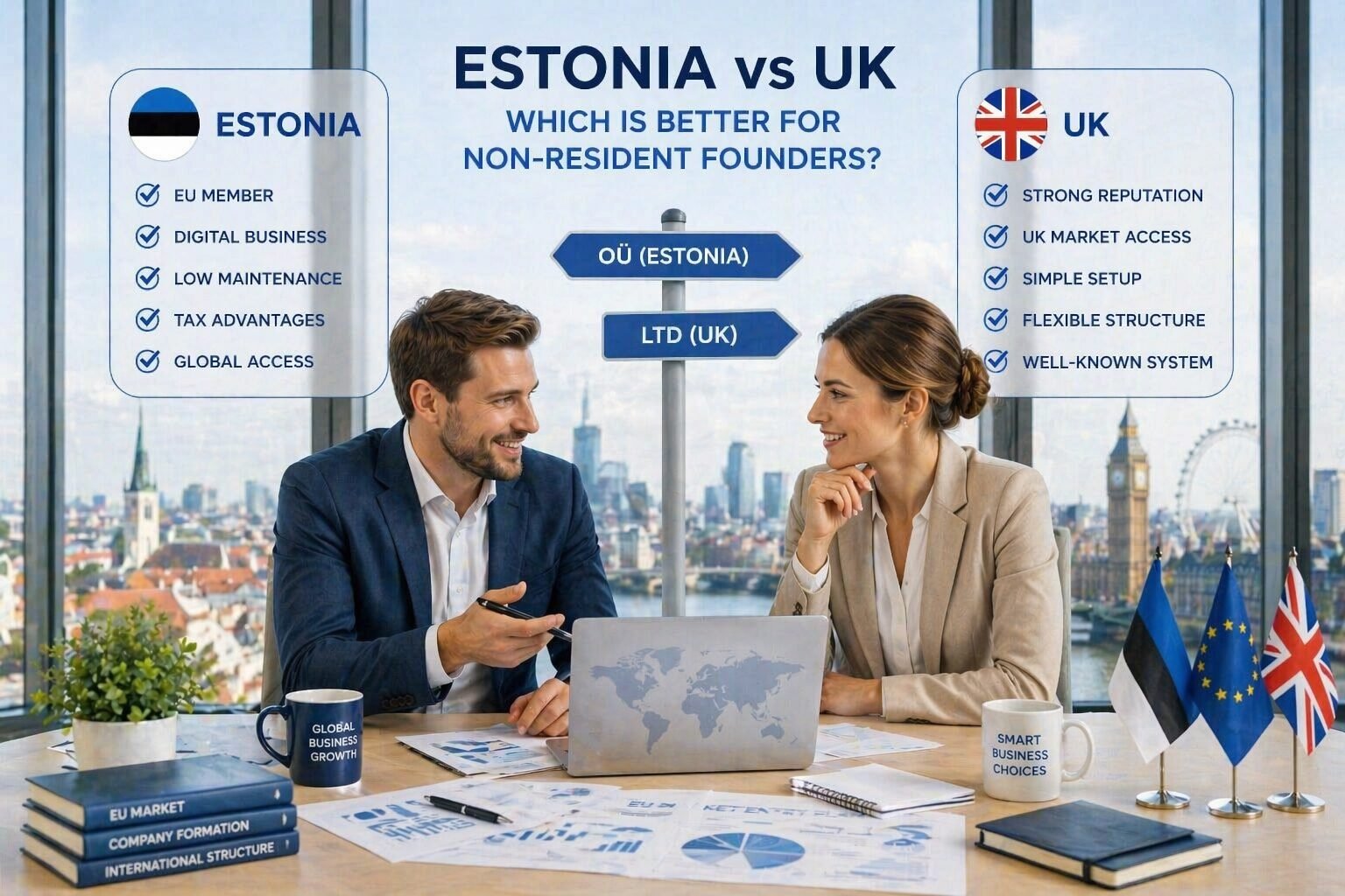 Business professionals comparing Estonia and the UK as jurisdictions for non-resident founders in a modern office setting